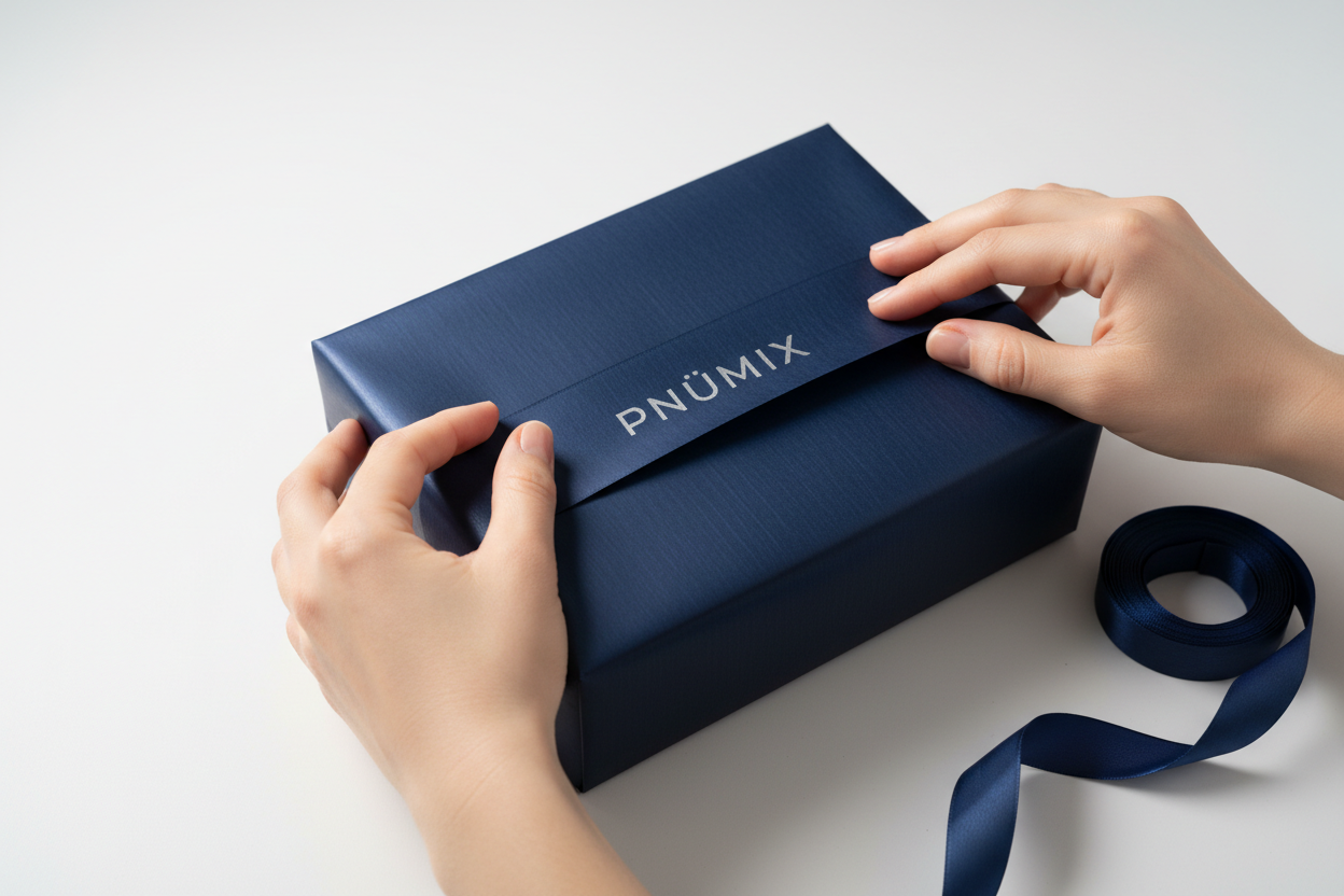 A pnümix box being wrapped in blue gift wrapping paper